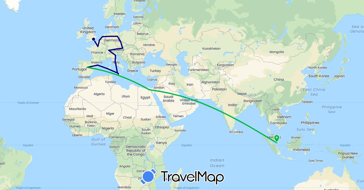 TravelMap itinerary: driving, bus in United Arab Emirates, Austria, Belgium, Switzerland, Czech Republic, Germany, Egypt, Spain, France, United Kingdom, Italy, Netherlands, Singapore (Africa, Asia, Europe)